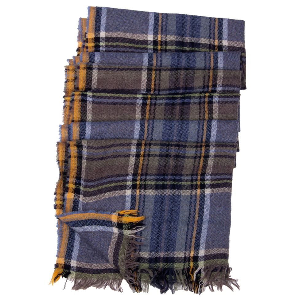CORNELIANI BLUE, GRAY & BLACK, CHECK PRINT SCARF | WOMENS SIZE 196CM